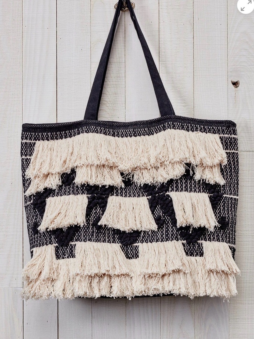 Fringed Woven Tote Bag - Black & Cream